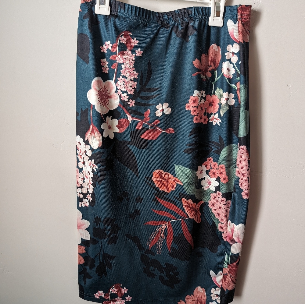 Shein, green floral skirt